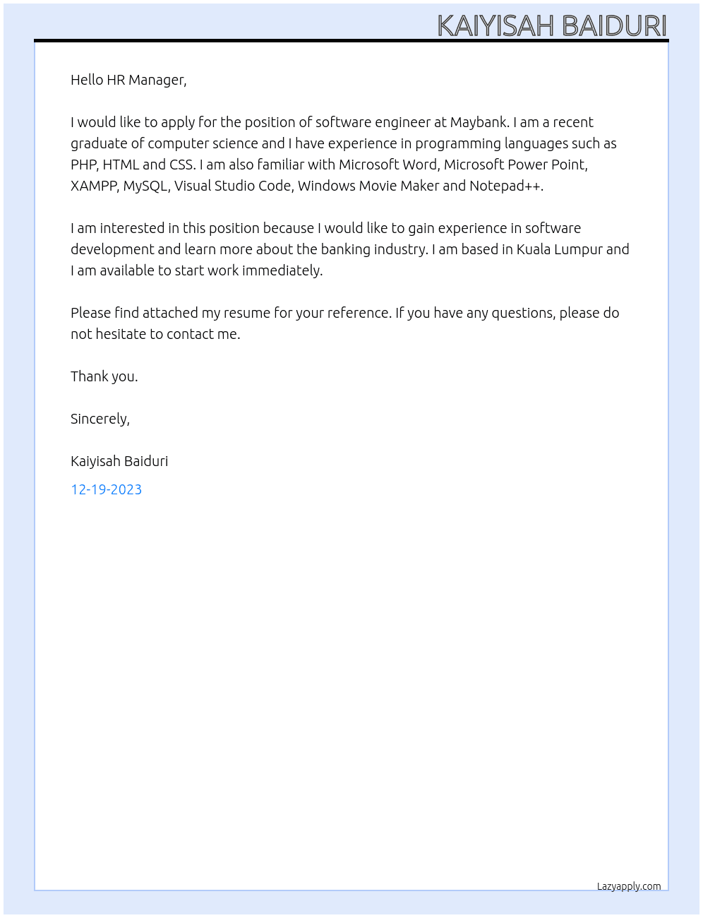 Software engineer At Maybank Cover Letter