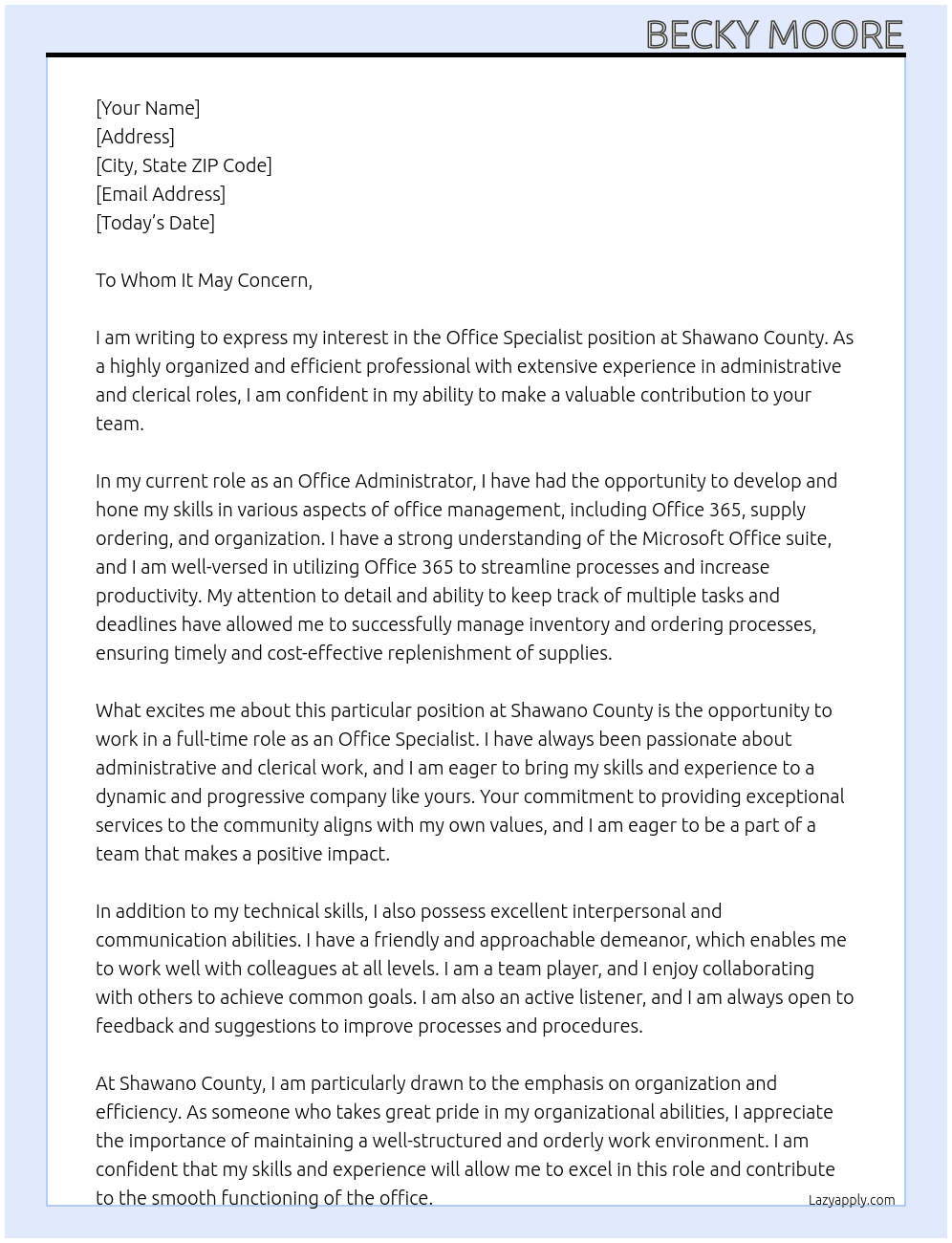 Office Specialist At Shawano County Cover Letter