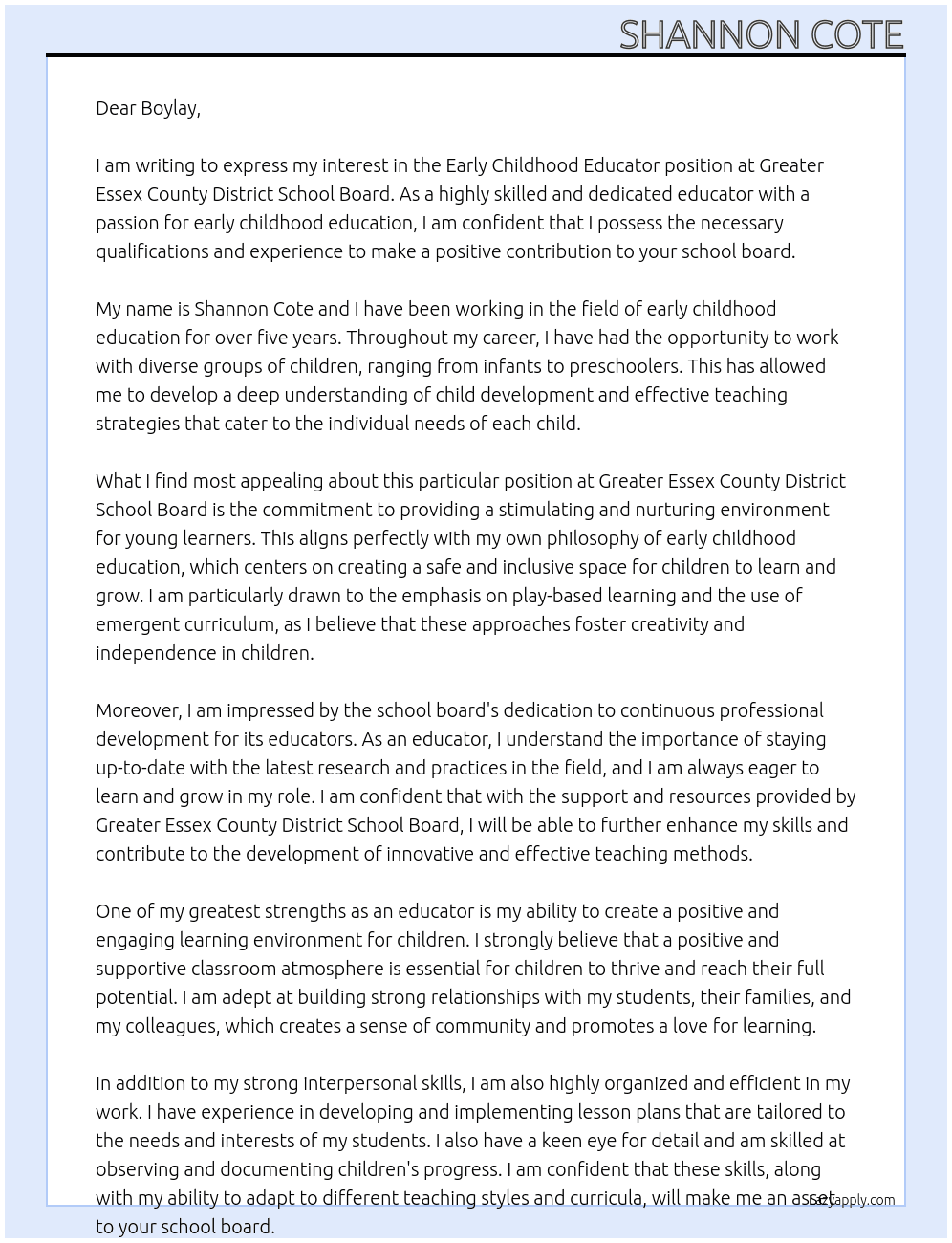 Early Childhood Educator At Greater Essex COunty District SchoolBoard Cover Letter