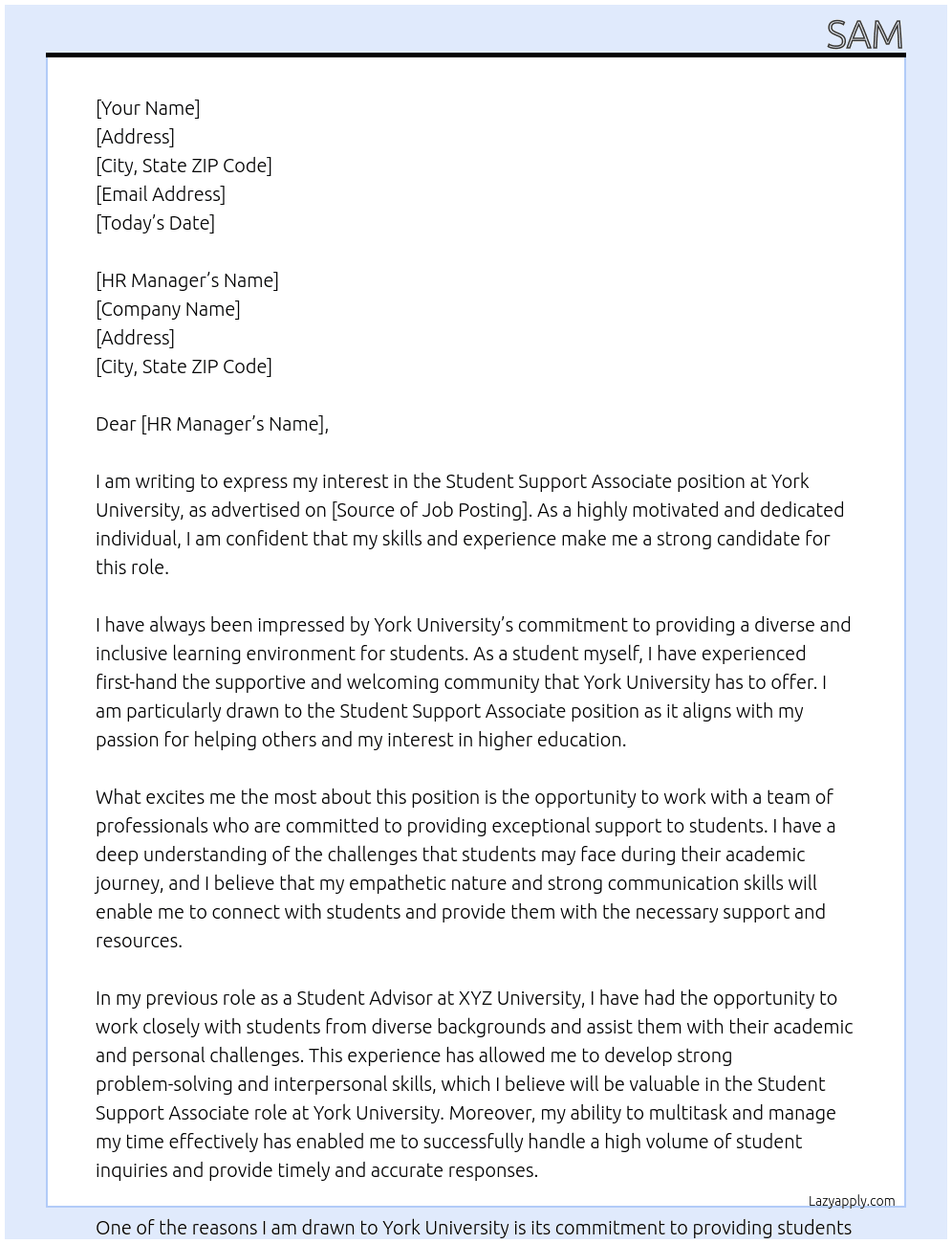 student support associate At york university Cover Letter