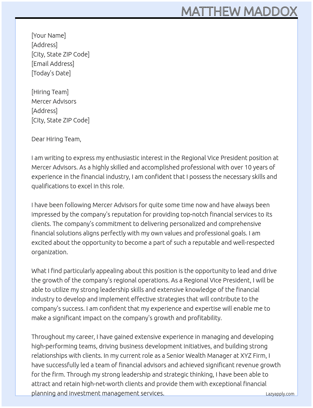 Regional Vice President At Mercer Advisors Cover Letter