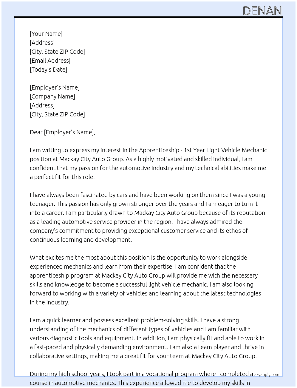 Apprenticeship - 1st Year Light Vehicle Mechanic At Mackay City Auto Group Cover Letter