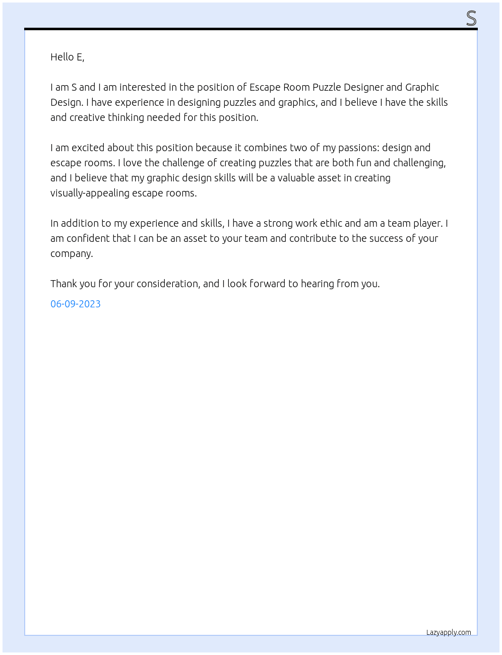 Escape Room Puzzle Designer and Graphic Design At E Cover Letter