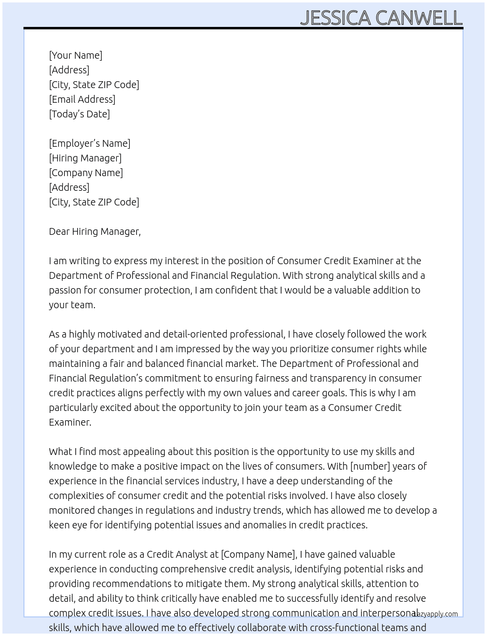Consumer Credit Examiner At Department of Professional and Financial Regulation Cover Letter