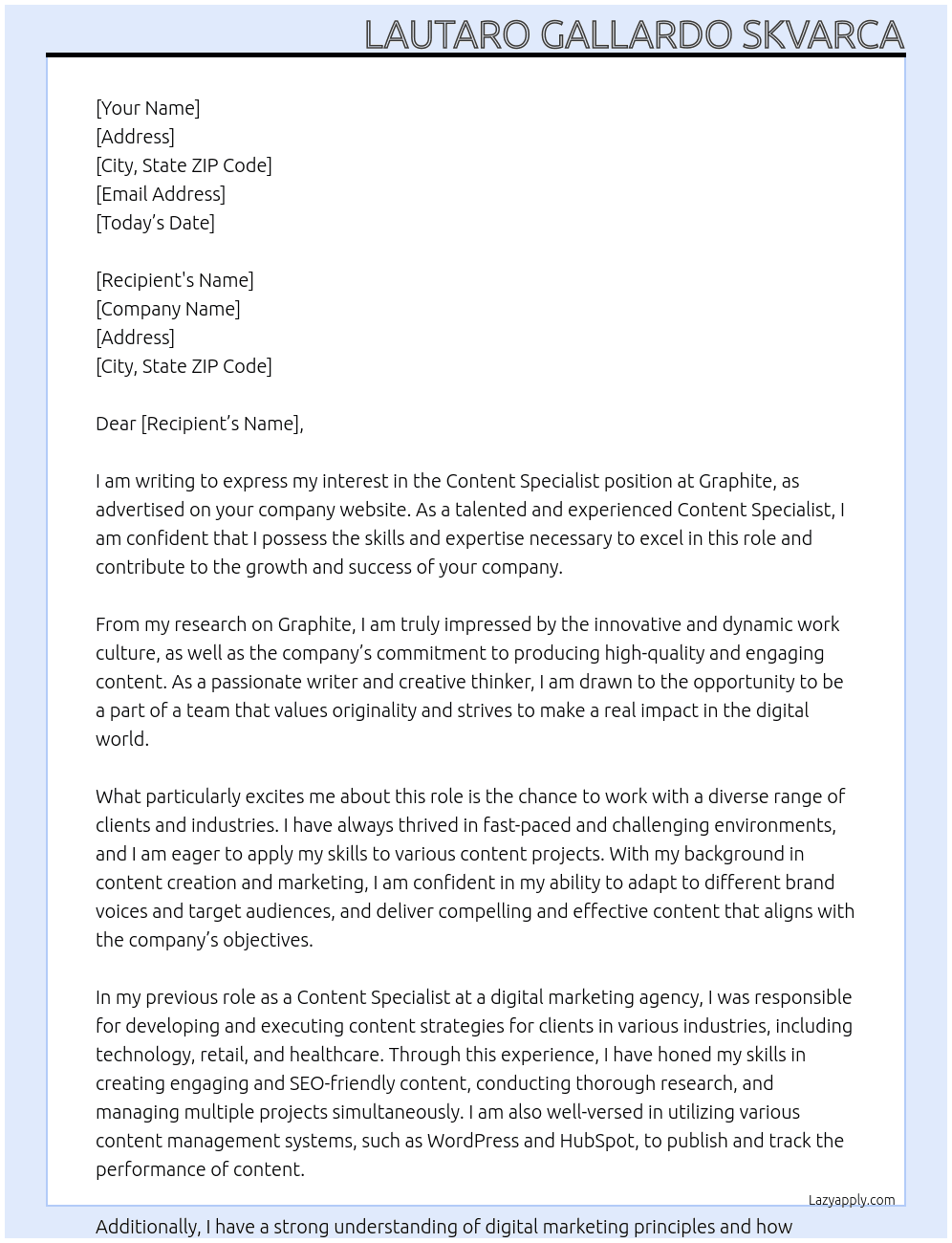 Content Specialist At Graphite Cover Letter