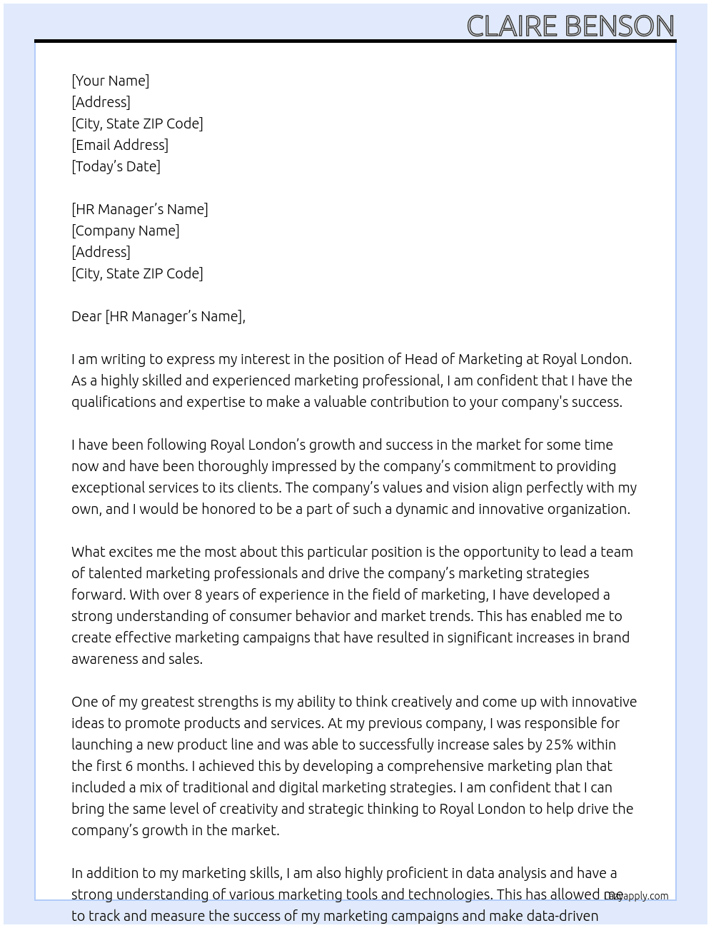 Head of Marketing At Royal London Cover Letter
