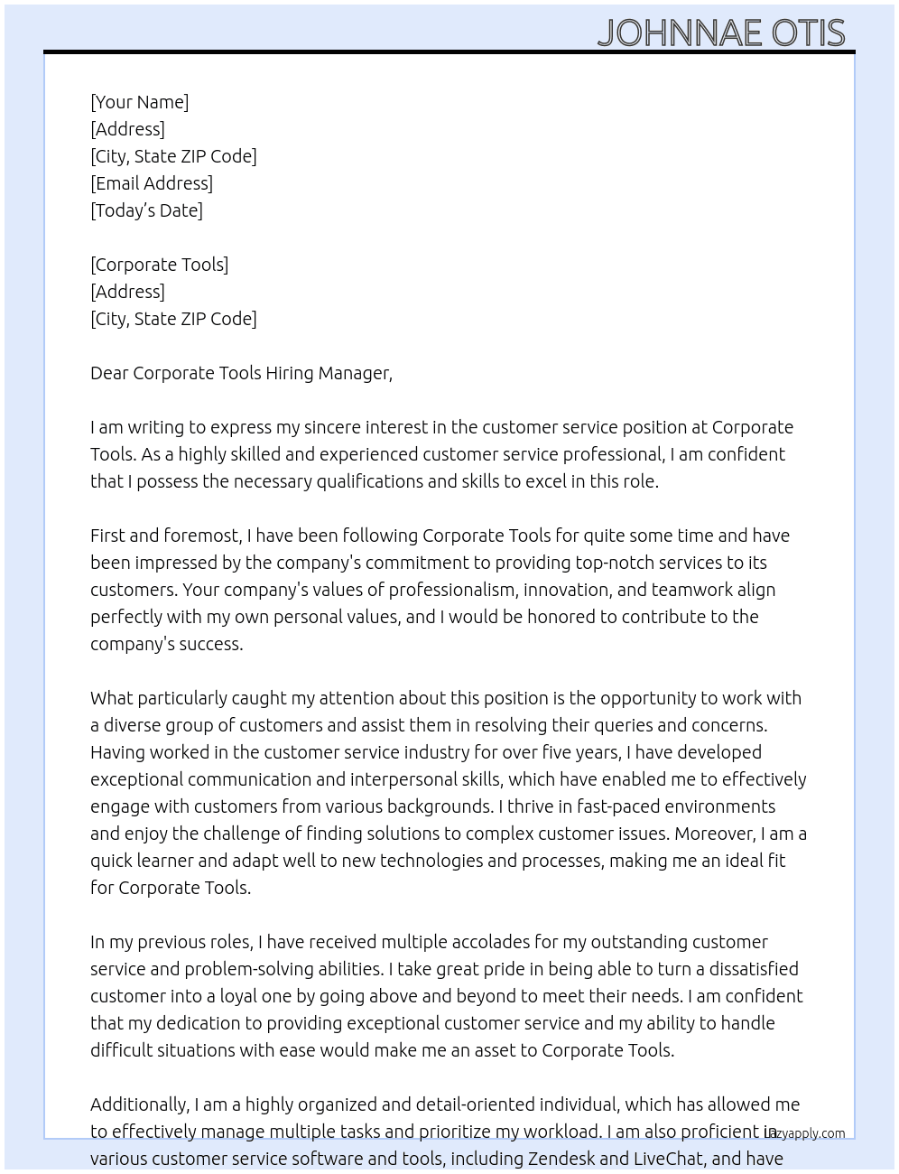 customer service  At corporate Tools Cover Letter
