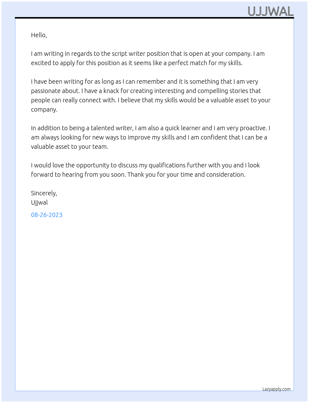 Script writer  At  Content writing Cover Letter