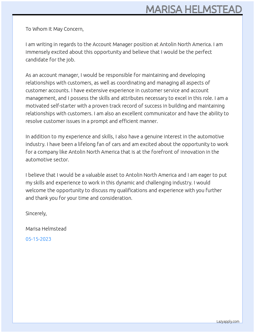 Account Manager At Antolin North America Cover Letter