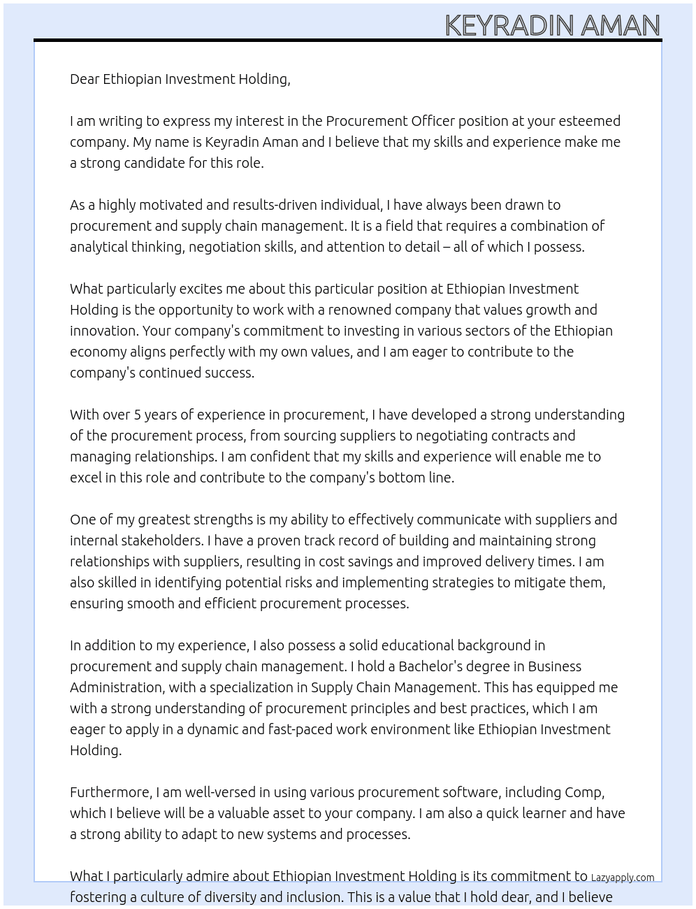 Procurement officer At Ethiopian Investment HOlding Cover Letter