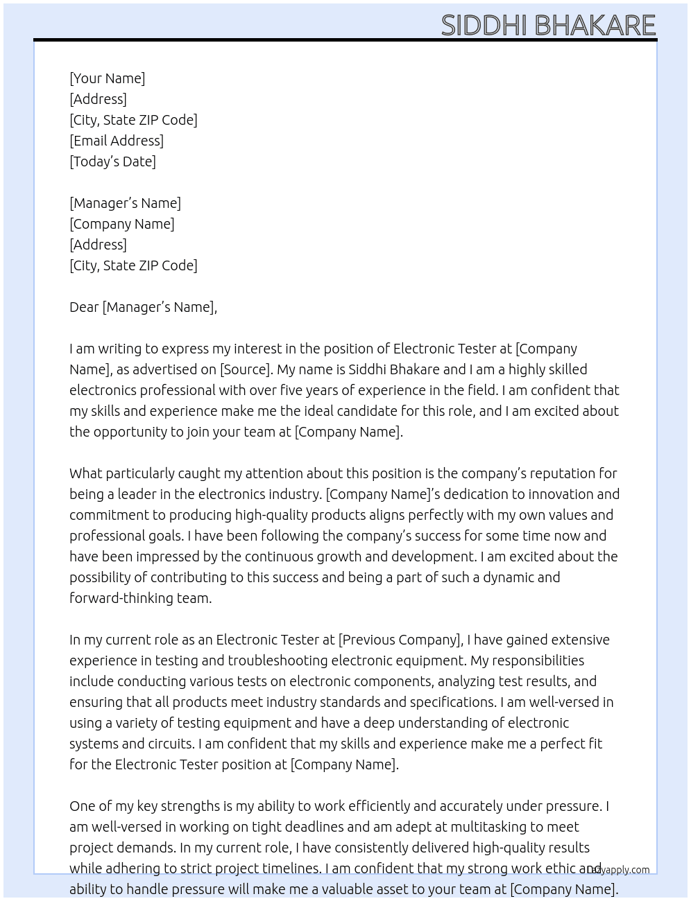 Electronic Tester  At Us Cover Letter