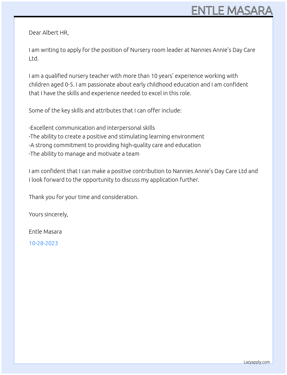Nursery room leader At Nannies Annie’s Day Care Ltd Cover Letter