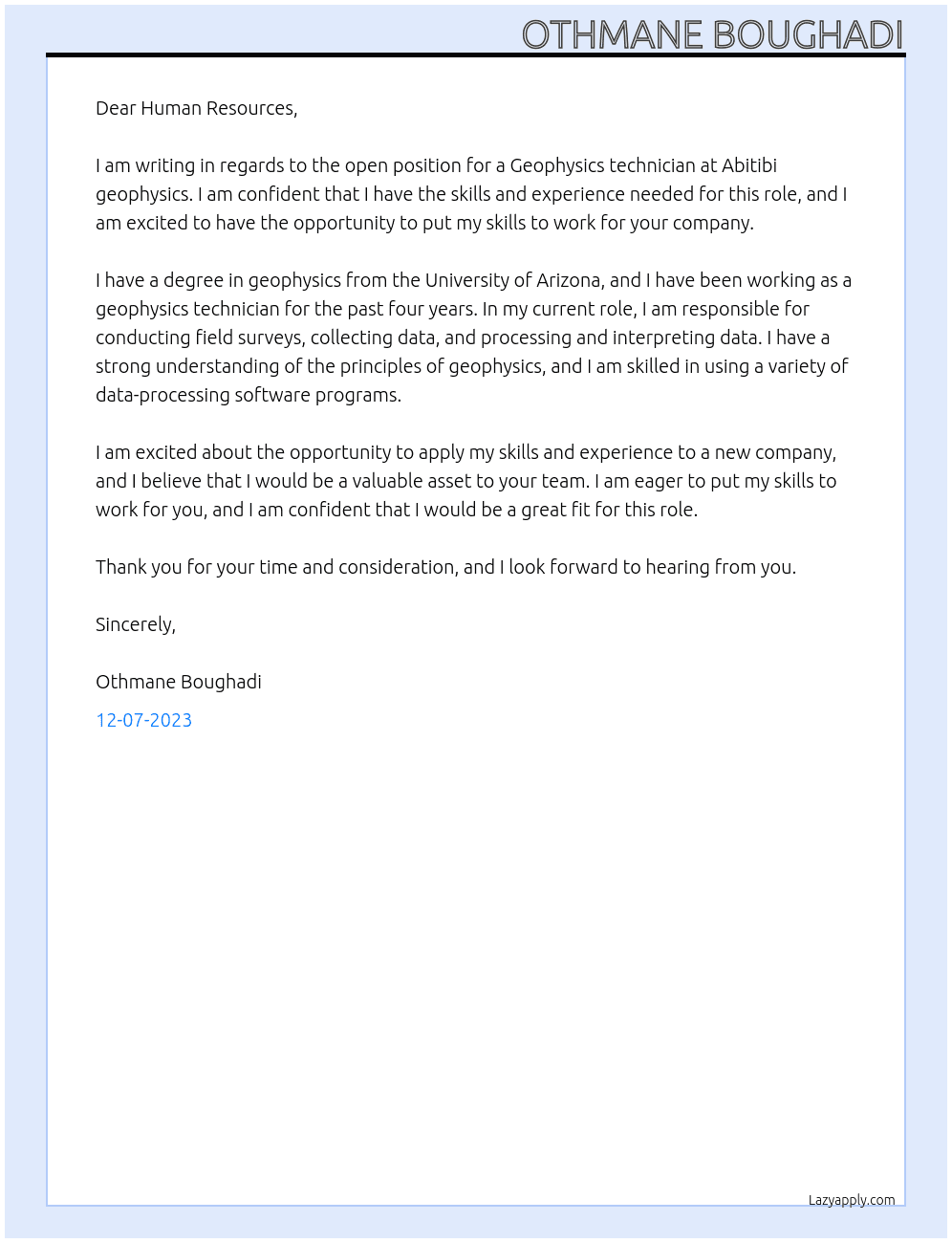 Geophysics technician At Abitibi geophysics Cover Letter