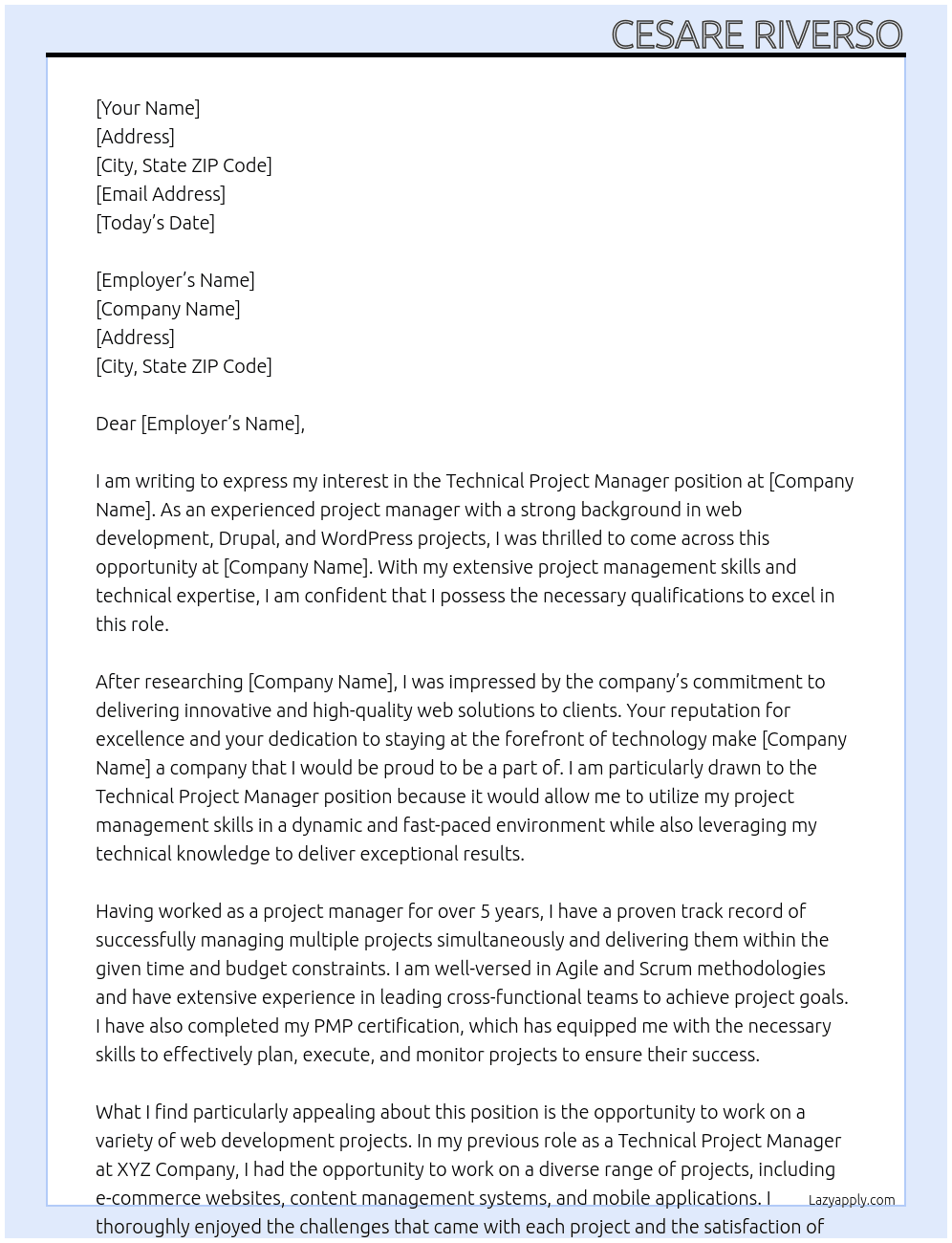 Technical Project Manager At Technical Project Manager Web dev/Drupal/Wordpress projects Cover Letter