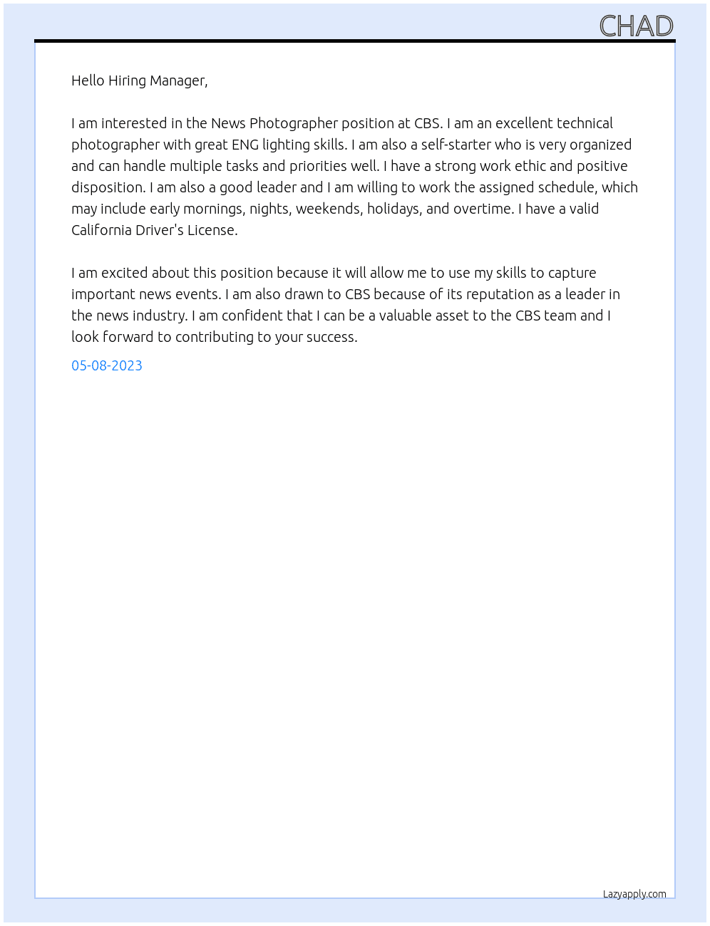 News Photographer At CBS Cover Letter