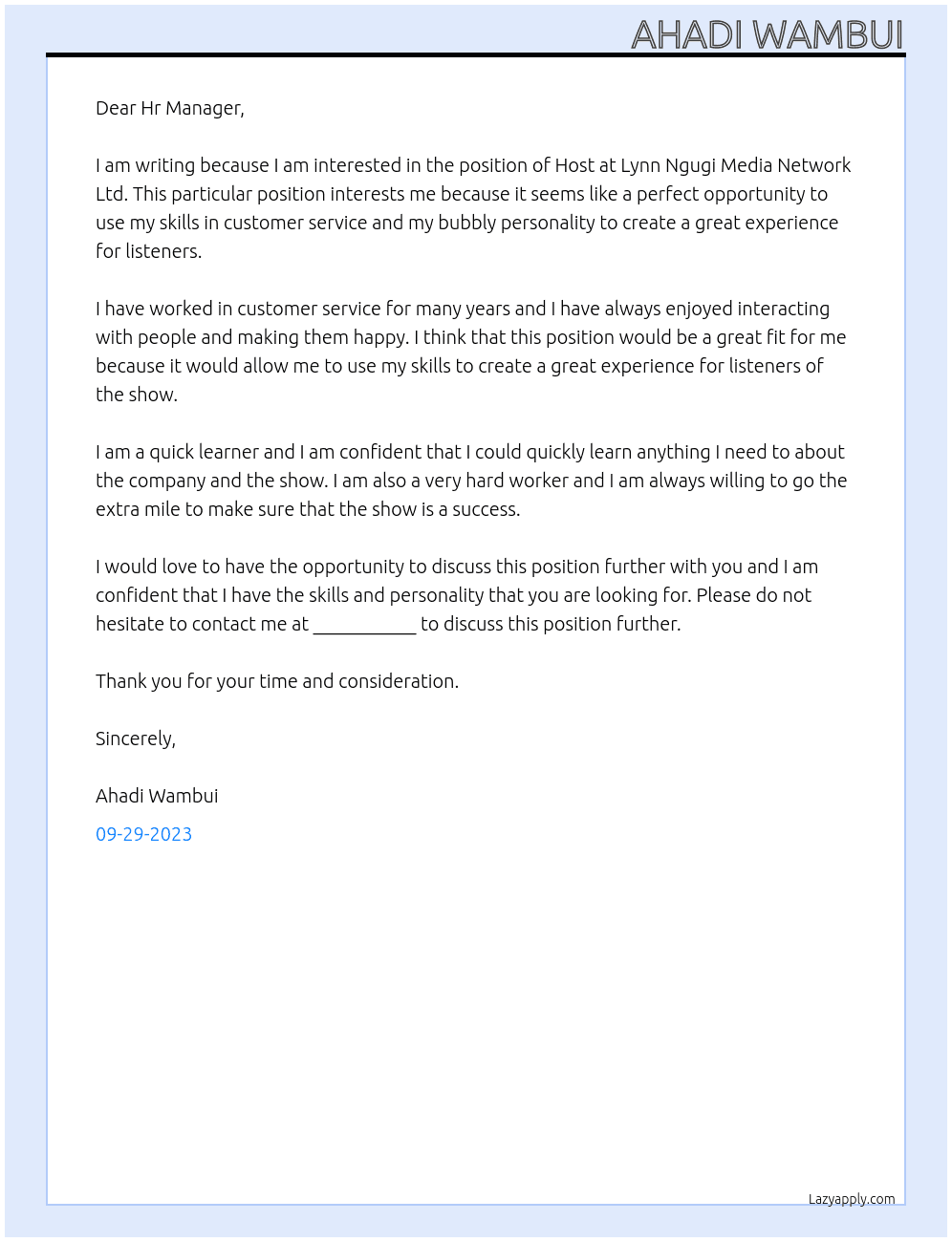 Host At Lynn Ngugi Media Network Ltd Cover Letter