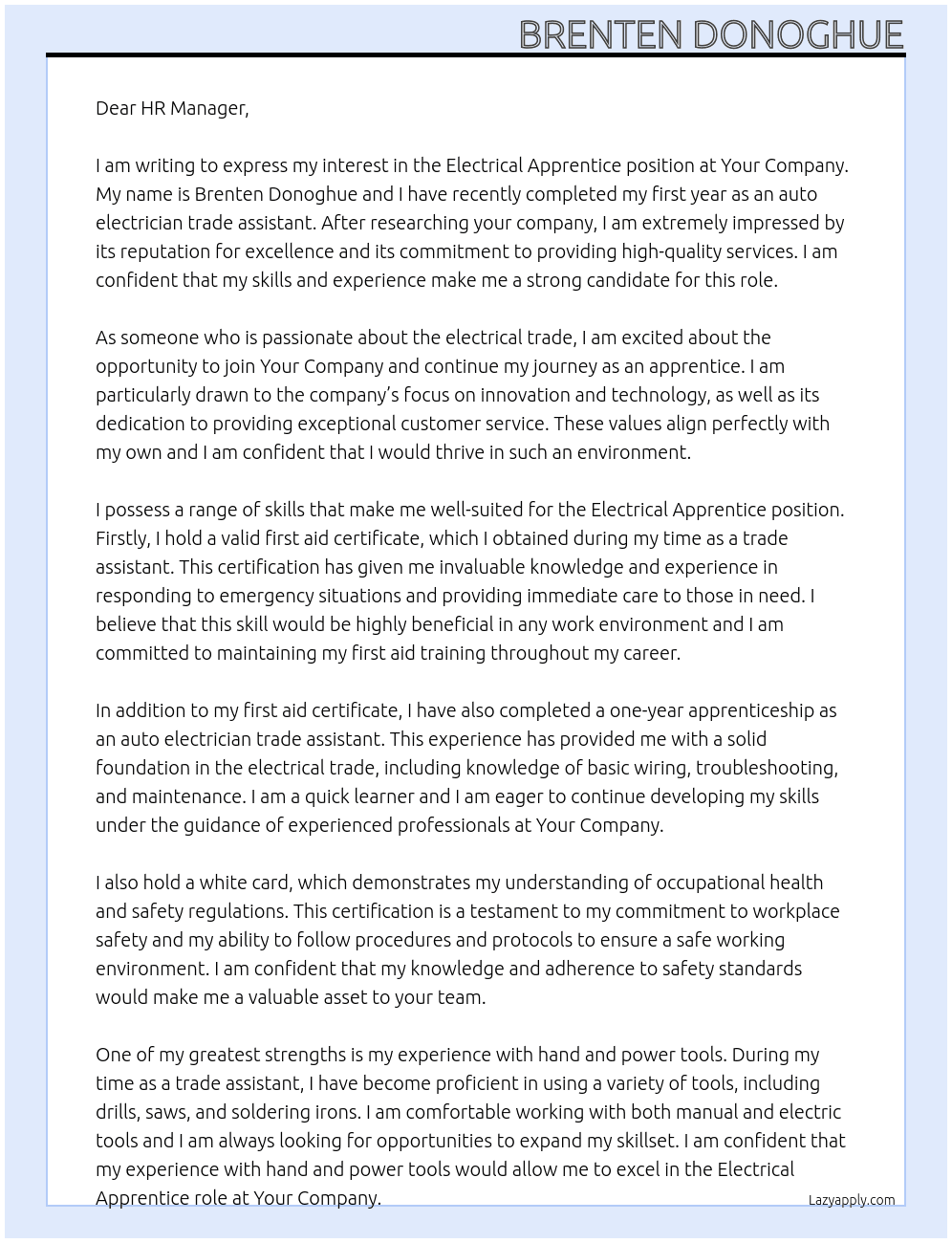 Electrical Apprentice At Your company Cover Letter