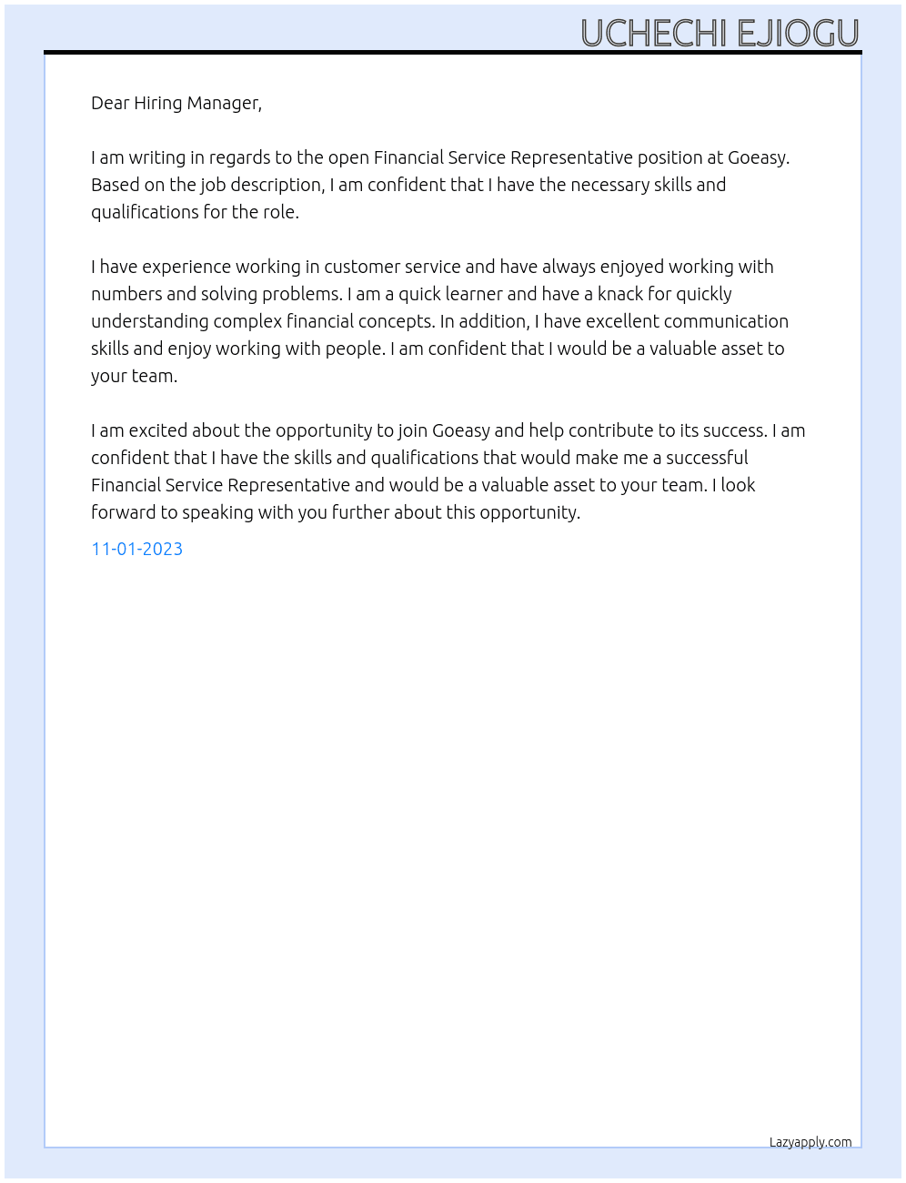Financial Service Representative At Goeasy Cover Letter