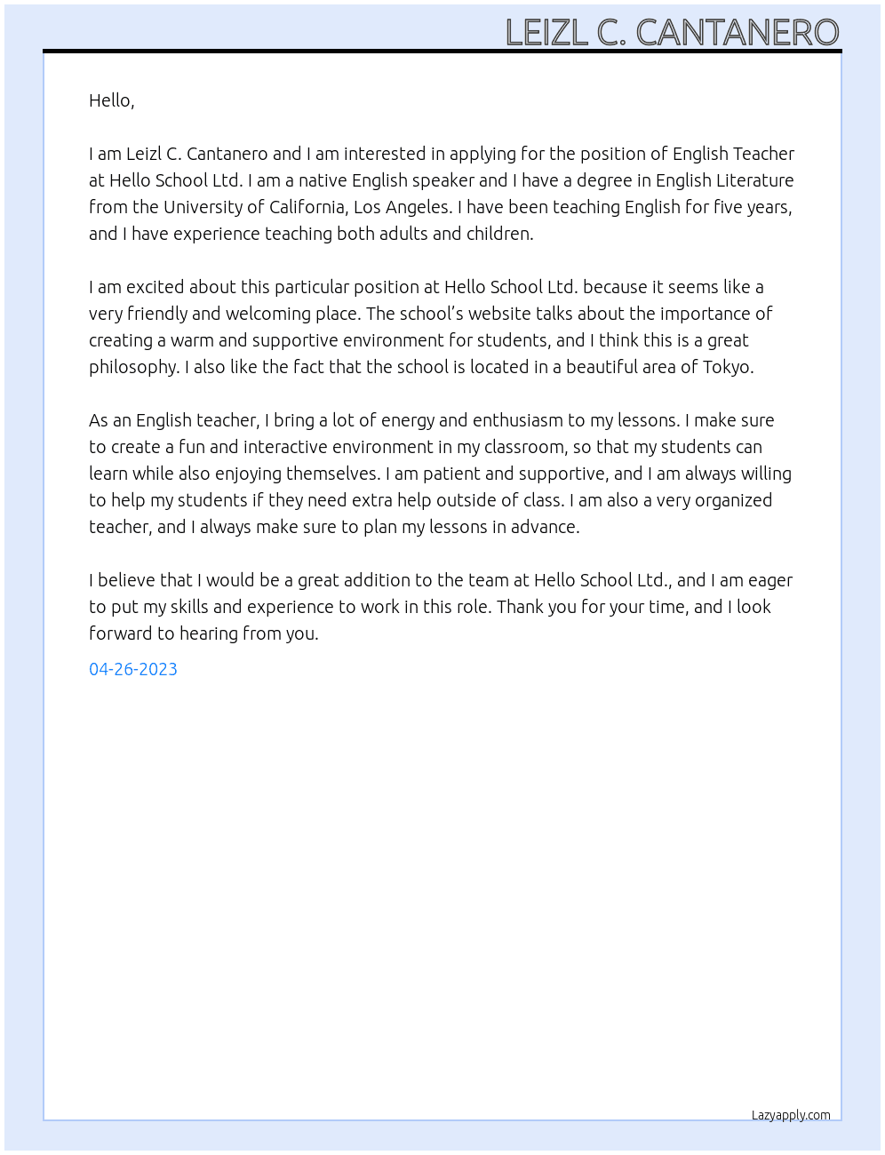 English Teacher At Hello School Ltd. Cover Letter