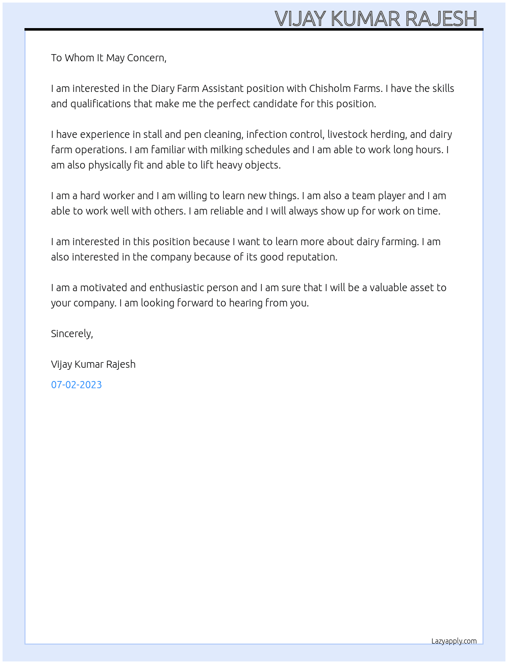 Diary farm assistant At Chisholm farms  Cover Letter