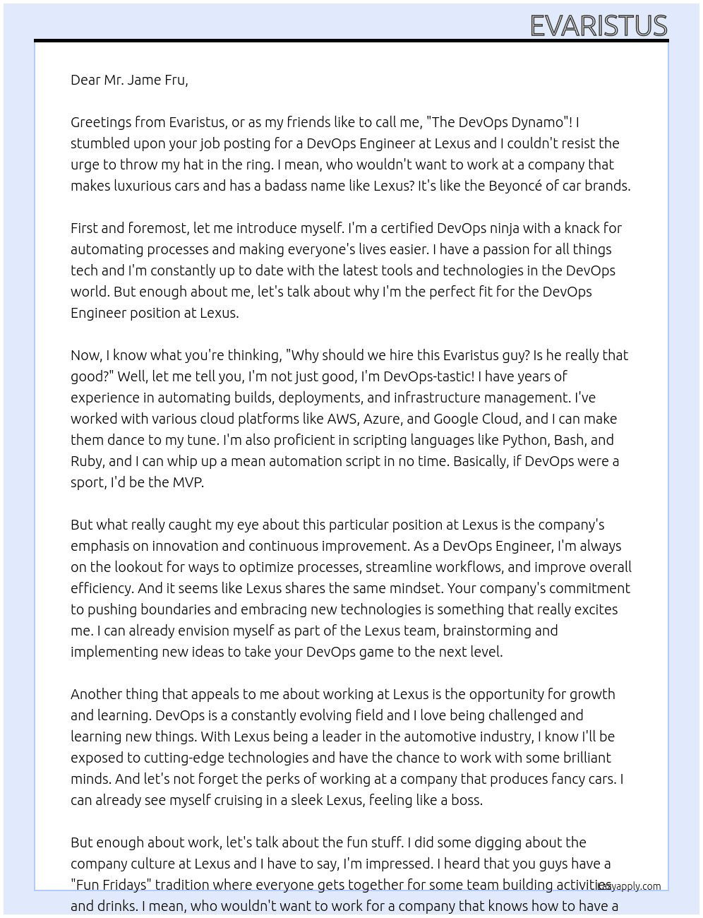 DevOps Engineer At Lexus Cover Letter