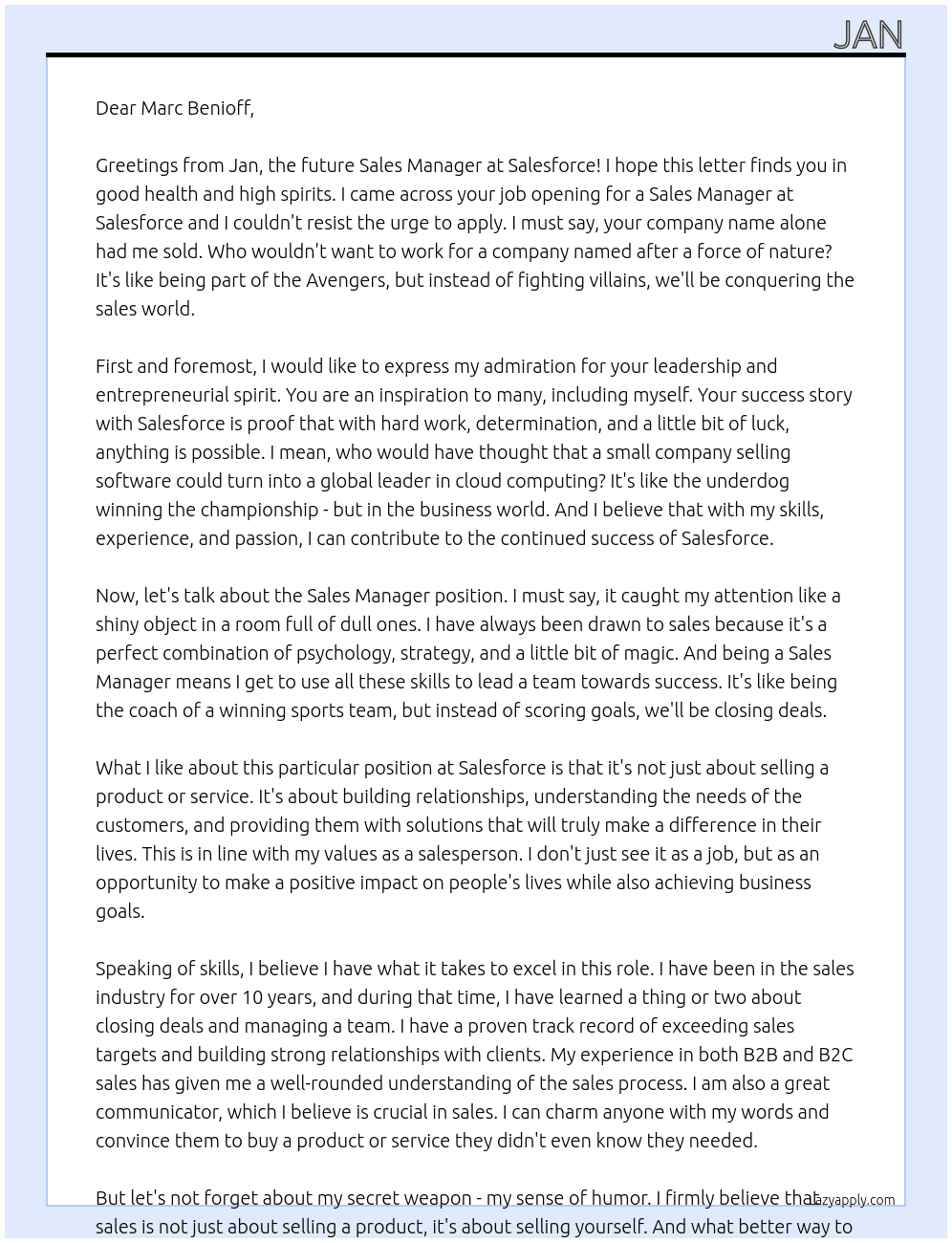 Sales Manager At Salesforce Cover Letter