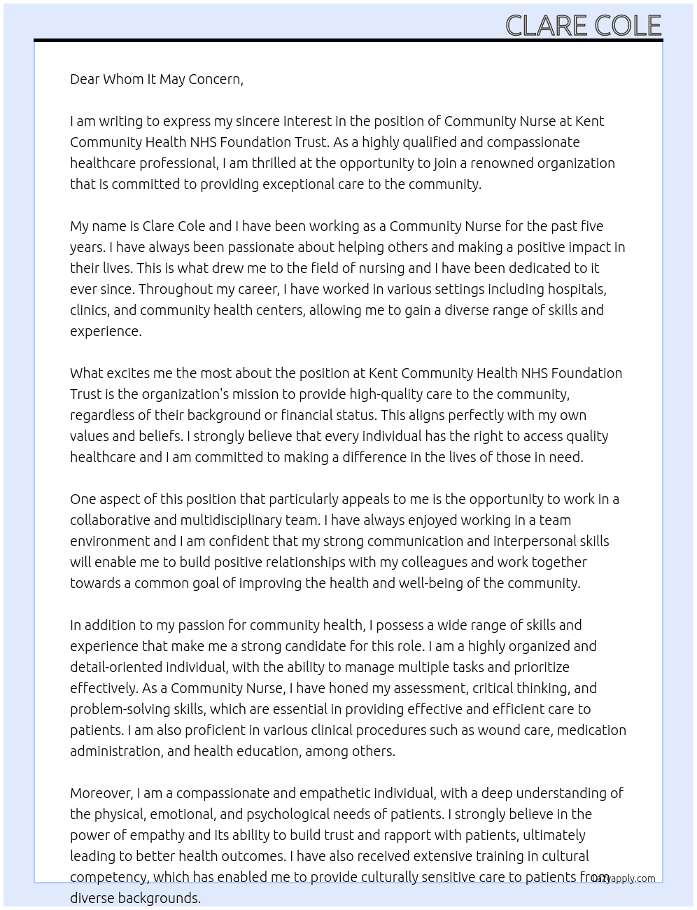 Community Nurse At Kent Community Health NHS Foundation Trust Cover Letter