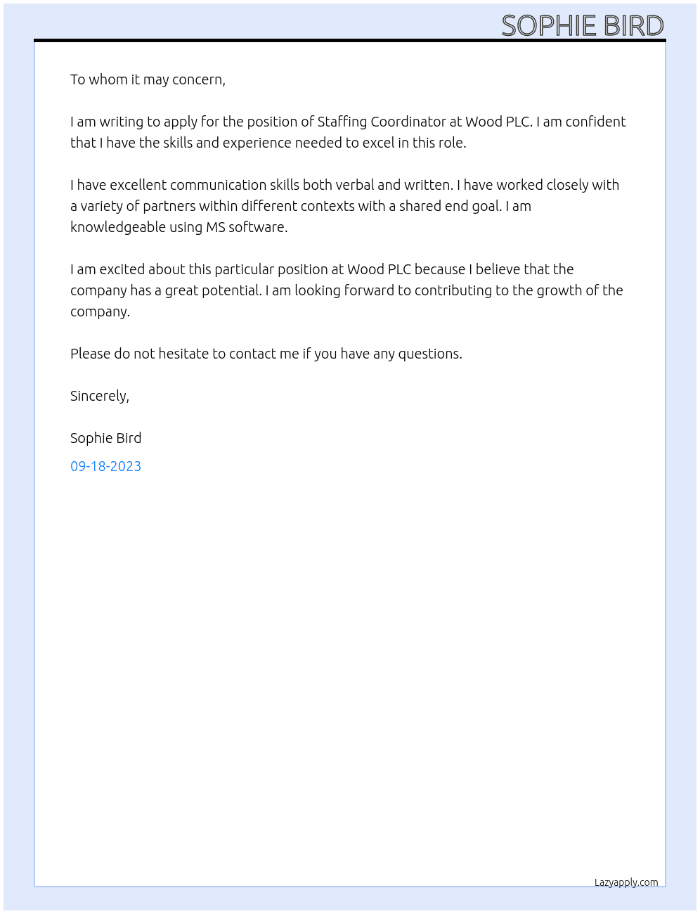 Staffing Coordinator At Wood PLC Cover Letter