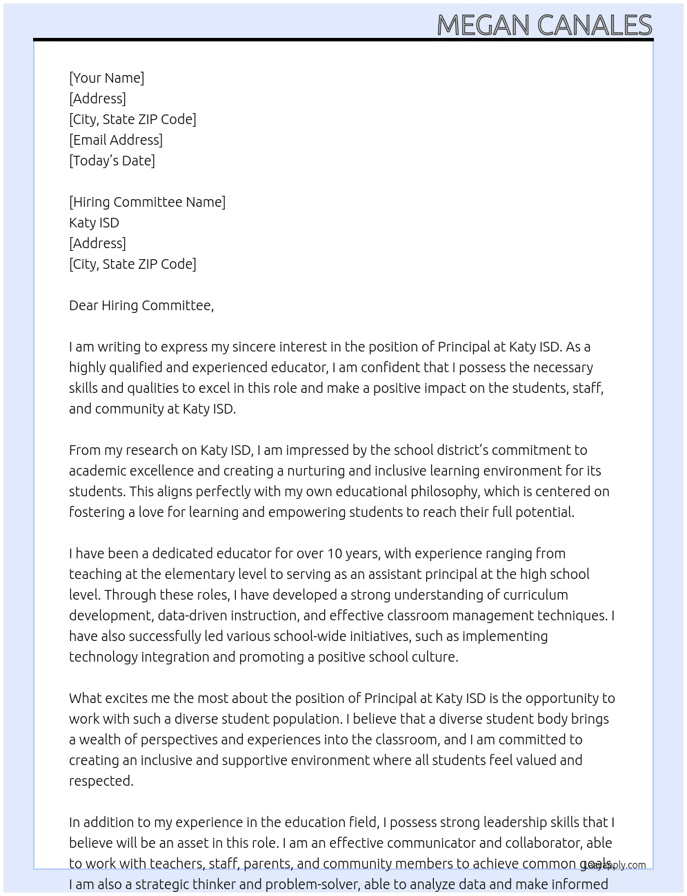 Principal At Katy ISD Cover Letter
