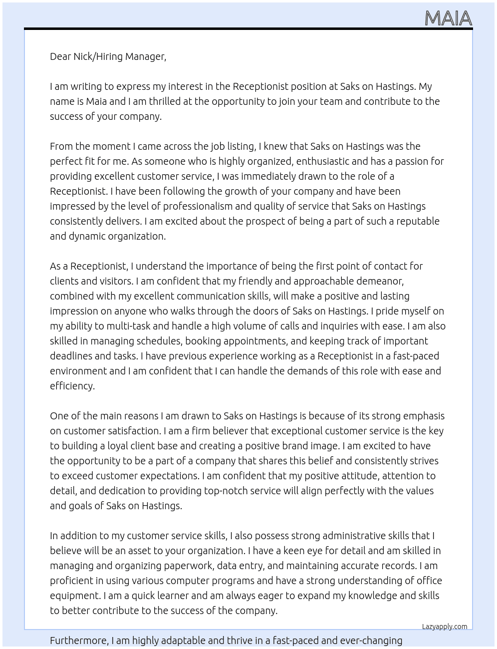 Receptionist At Saks on Hastings Cover Letter