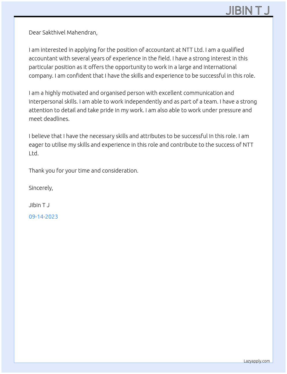 Accountant  At NTT ltd Cover Letter