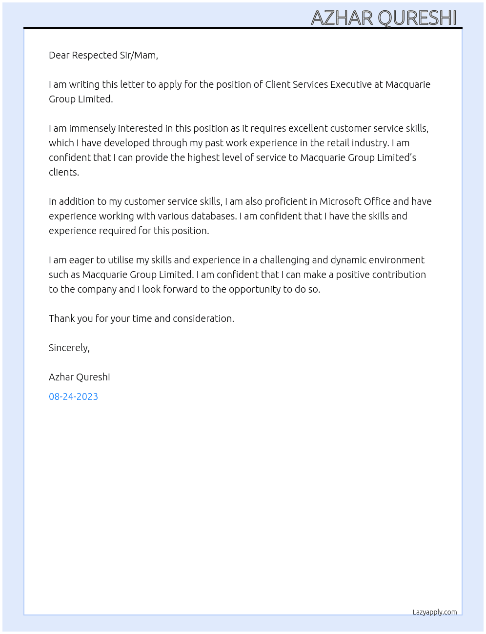 Client Services Executive  At Macquarie Group Limited  Cover Letter