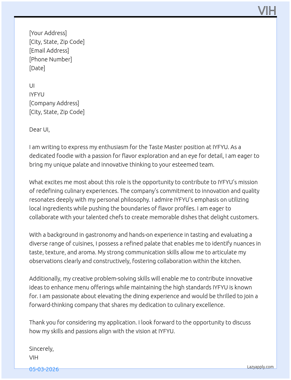 TASTE MASTER At IYFYU Cover Letter