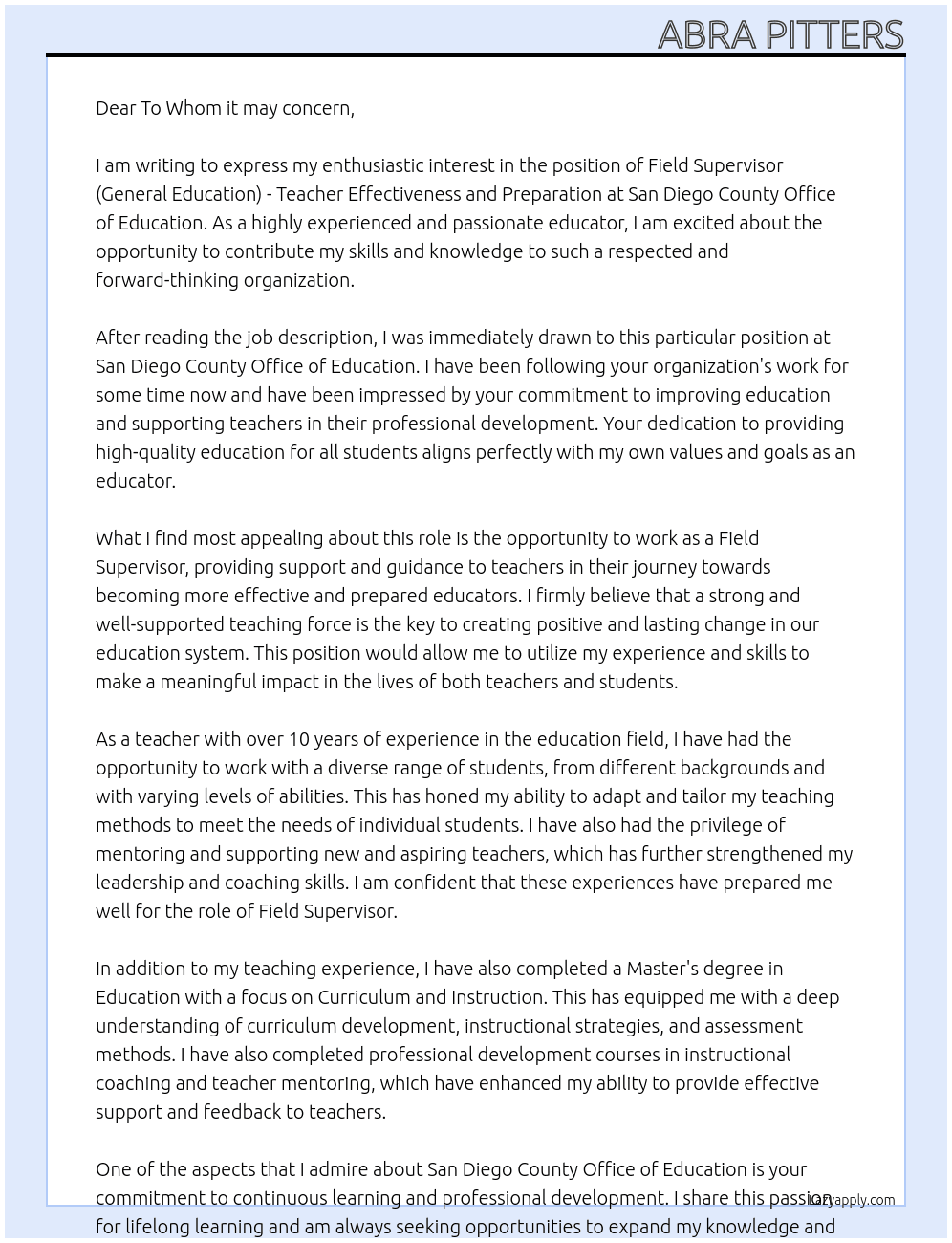Field Supervisor (General Education) - Teacher Effectiveness and Preparation At San Diego County Office of Education Cover Letter