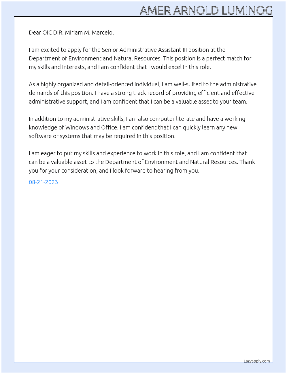 Senior Administrative Assistant III At Department of Environment and NAtural Resources Cover Letter