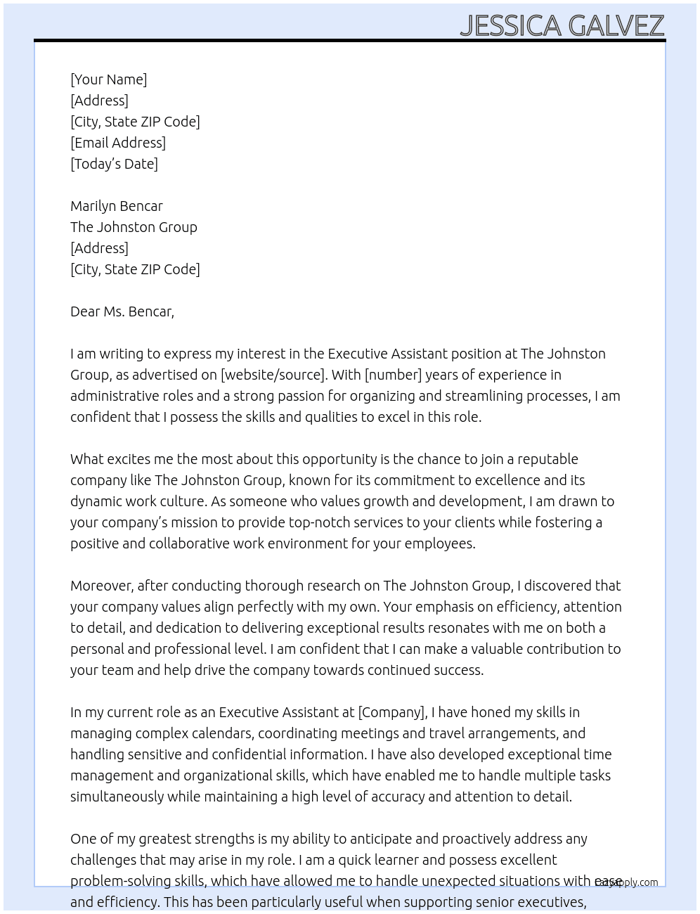 Executive Assistant At The Johnston Group Cover Letter