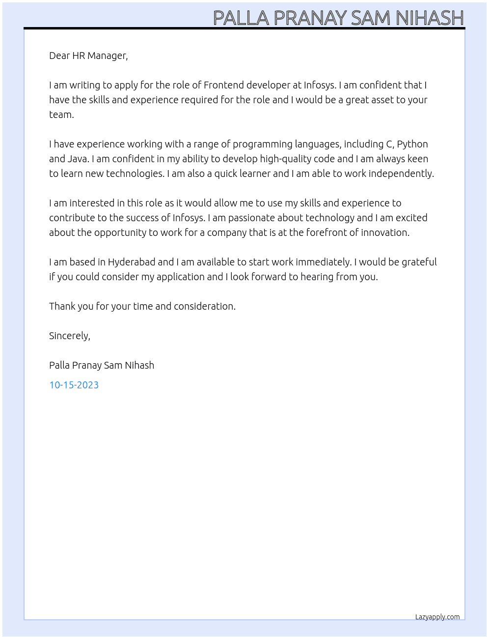 Frontend developer  At Infosys  Cover Letter