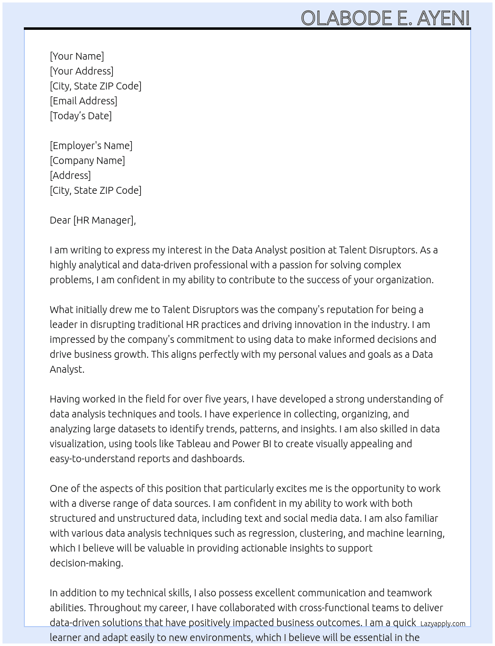 Data Analyst At Talent Disruptors Cover Letter