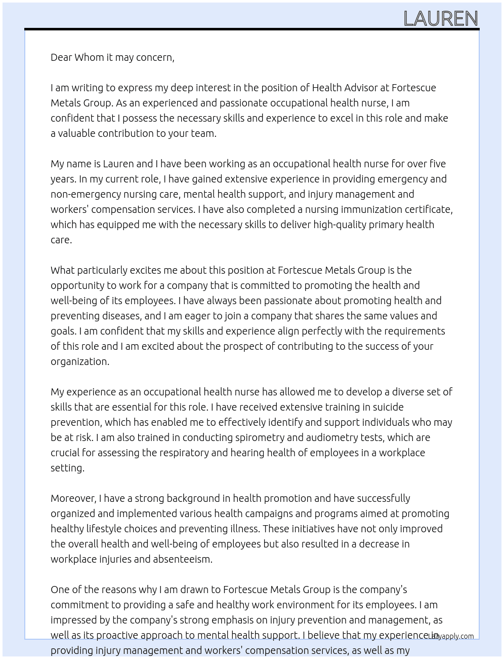 Health advisor  At Fortescue Metals Group Cover Letter