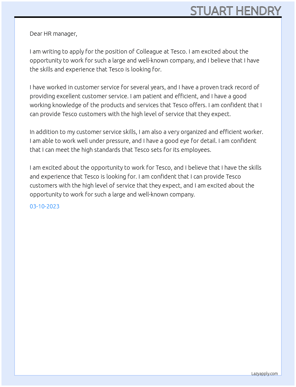 Colleague At Tesco Cover Letter