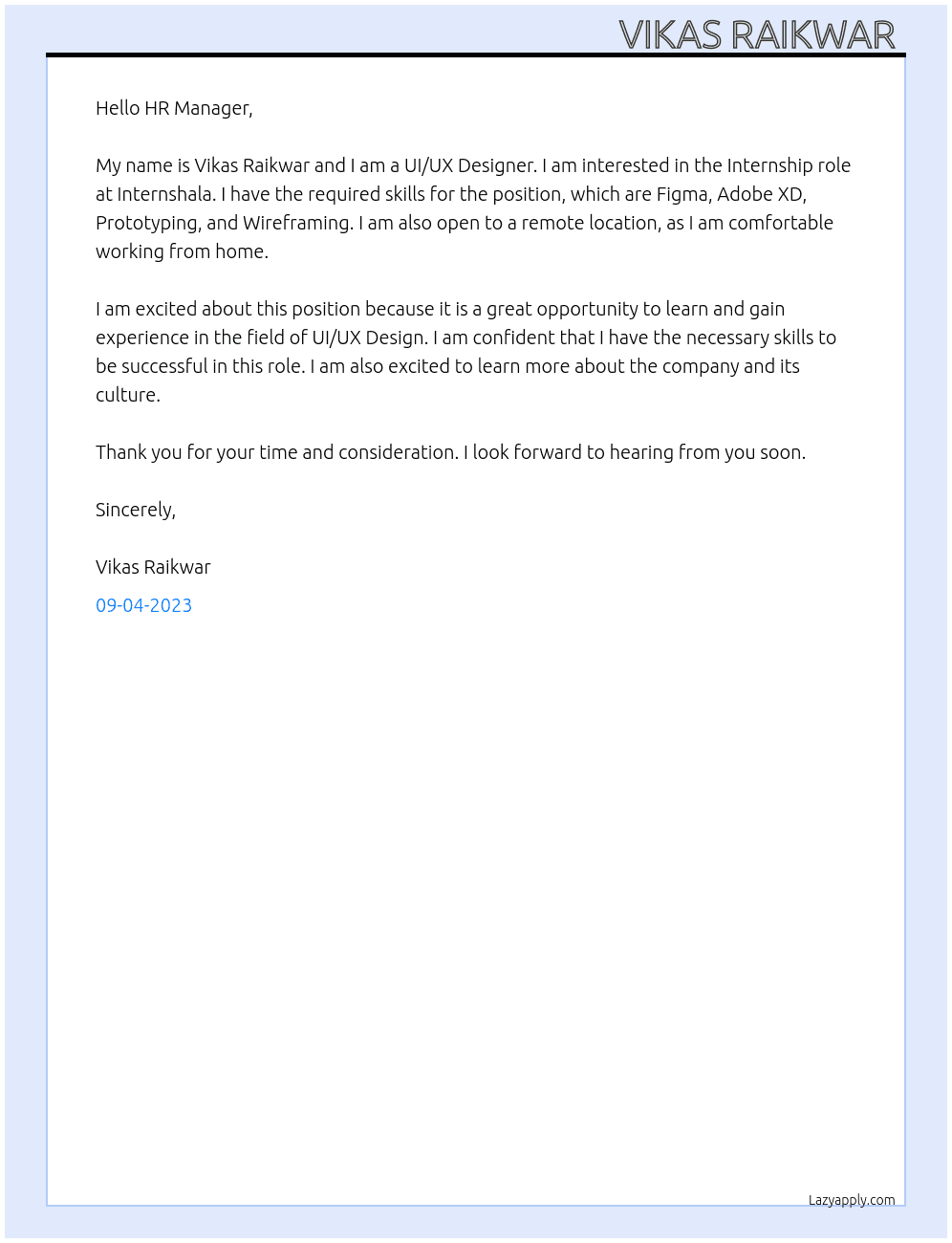 UI/UX Designer At Internshala Cover Letter