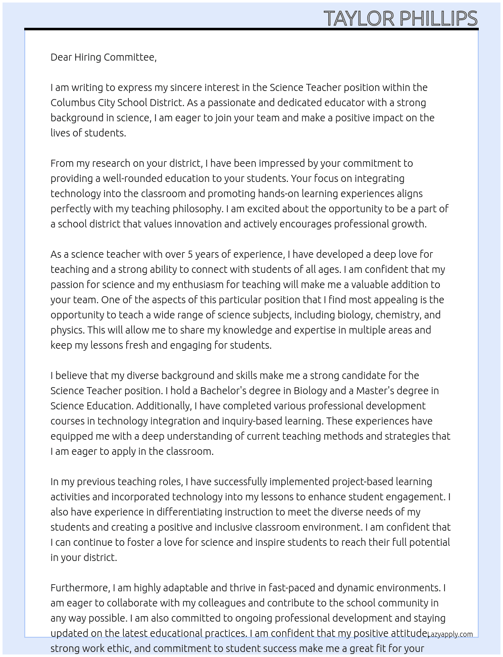 Science Teacher At Columbus City School District Cover Letter