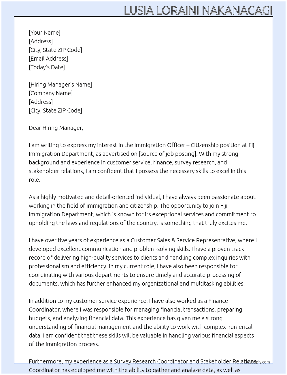 Immigration Officer - Citizenship At Fiji Immigration Department Cover Letter