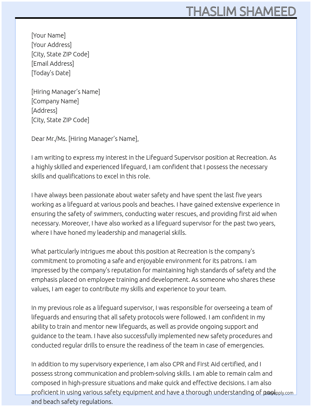 Lifeguard Supervisor At Recreation Cover Letter