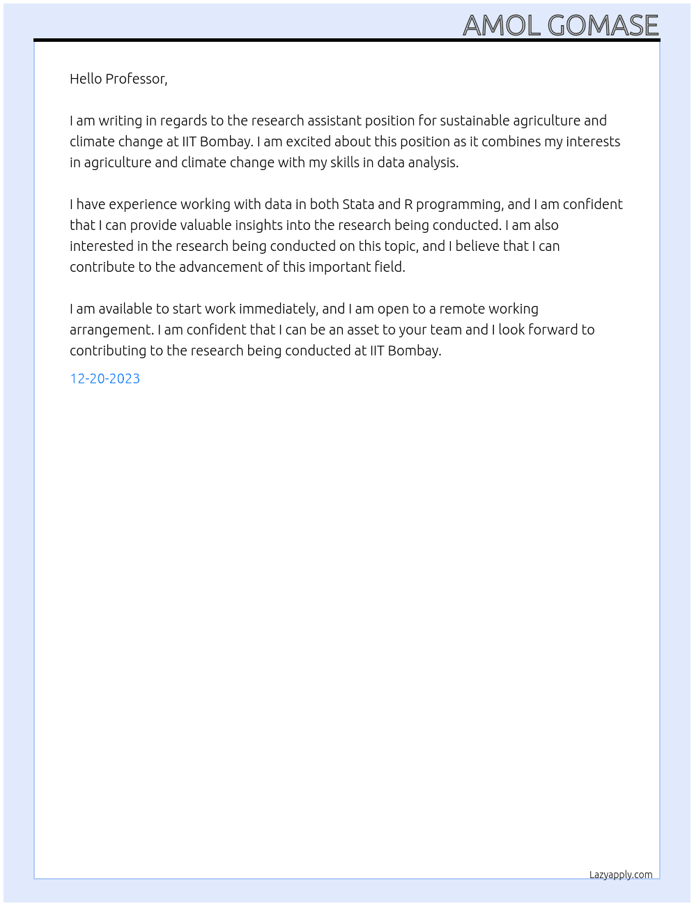 Research Assistant-Sustainable Agriculture and Climate Change At IIT bombay Cover Letter