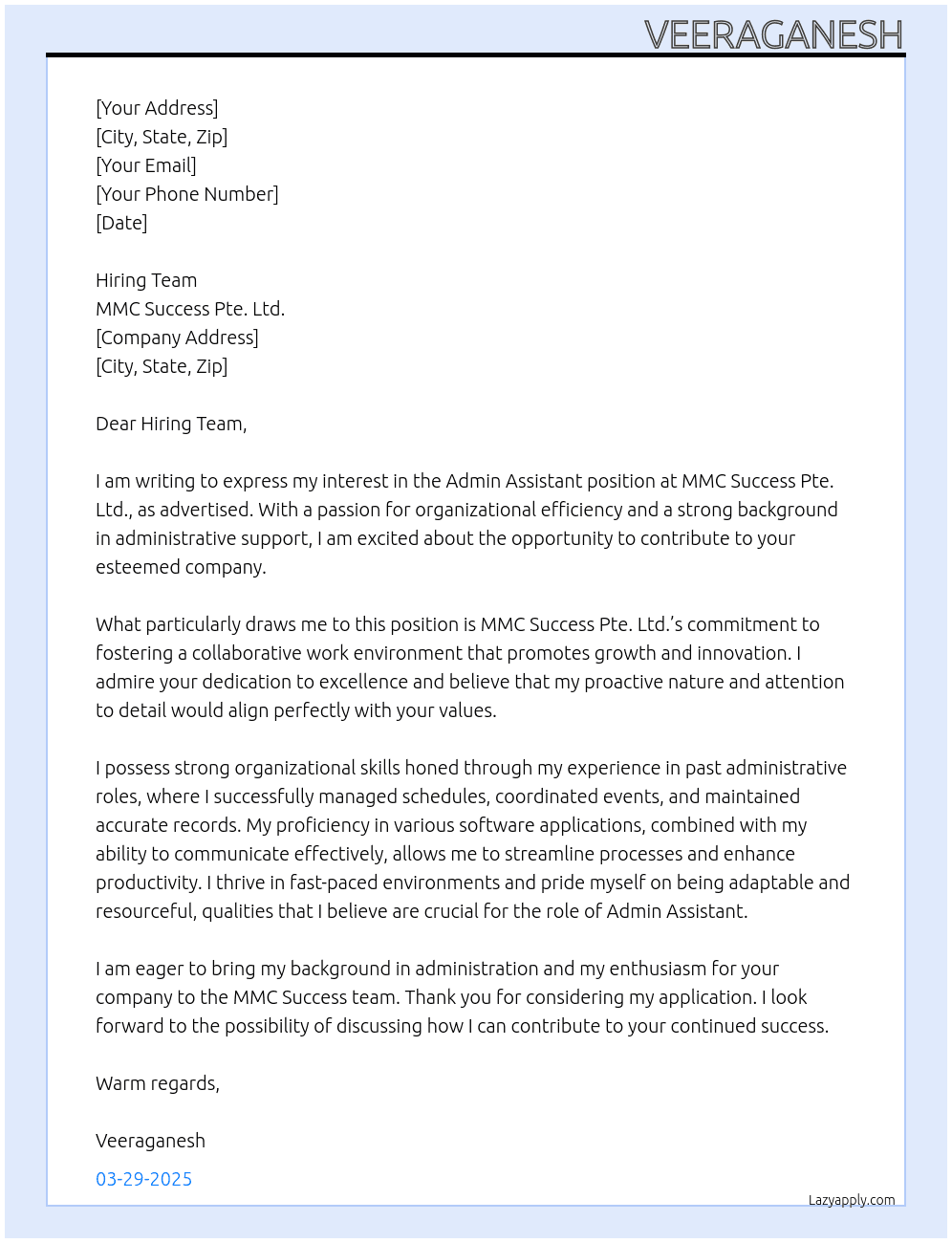 Admin Assistant At MMC Success Pte. Ltd. Cover Letter