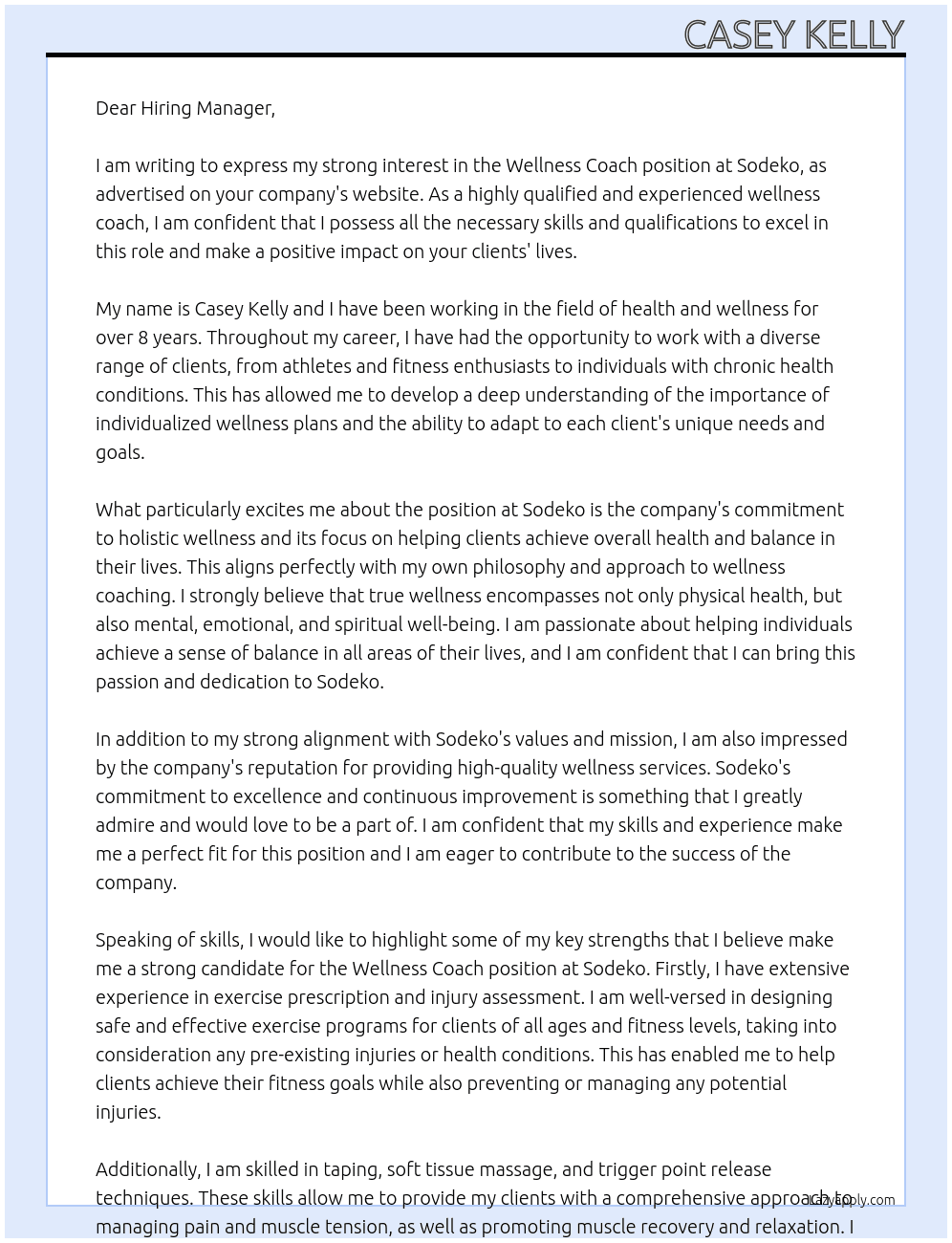 Wellness Coach  At Sodeko  Cover Letter