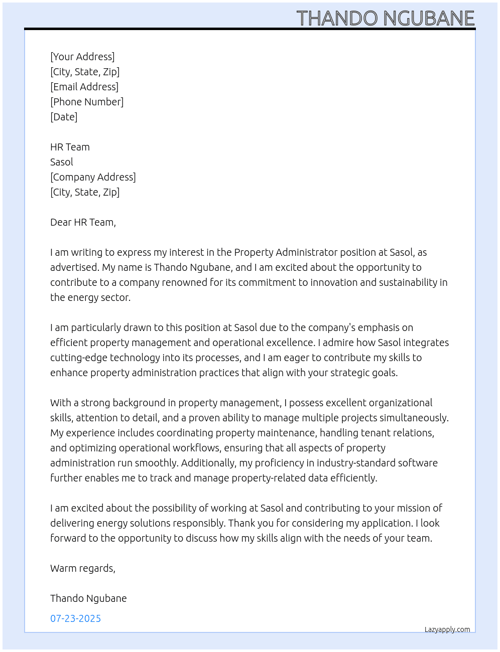Cover letter for property administrator - LazyApply