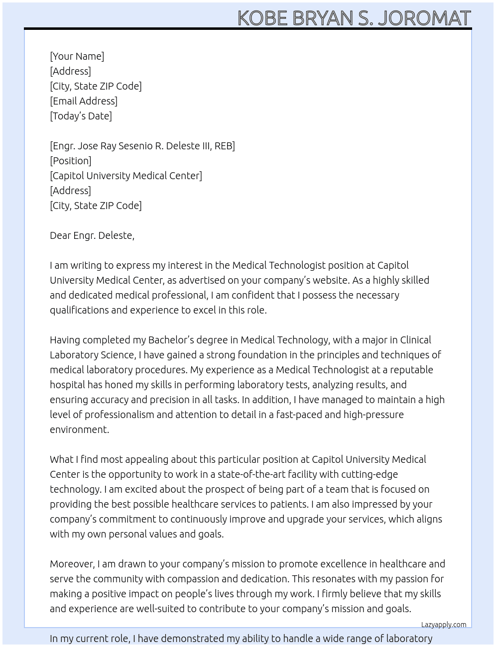 Medical Technologist  At Capitol University Medical Center Cover Letter