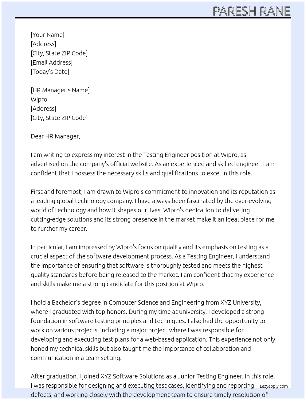 Testing Engineer At Wipro Cover Letter